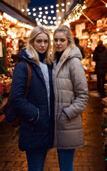 Obraz premium Crying and sad, tears in eyes from a dramatic experience, criminality like robbery or pickpocketing. Two young adult women or teenage girls, at Christmas market, blond Caucasian