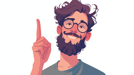 A happy young hipster man with the beard pointing up