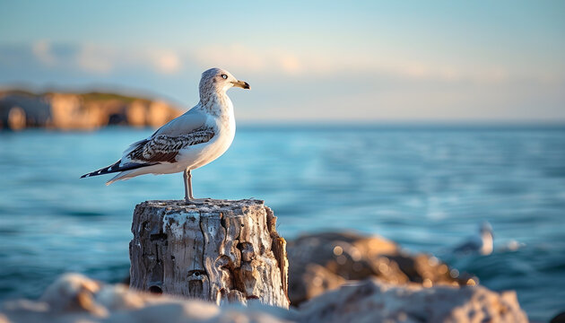 Eine M&ouml;we sitzt am Wasser auf einem h&ouml;lzernen Poller