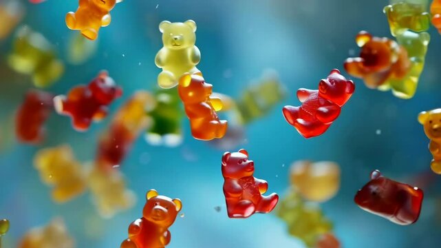 Brightly colored gummy bears are seen floating against a soft blue background. The candies come in various shapes and colors, creating a whimsical and playful atmosphere, perfect for a candy-themed