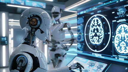 Fototapeta premium a humanoid robot interacting with a holographic interface displaying brain scans. The fusion of robotics and AI in healthcare is indeed fascinating