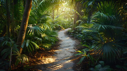 A jungle path with a lot of foliage and trees