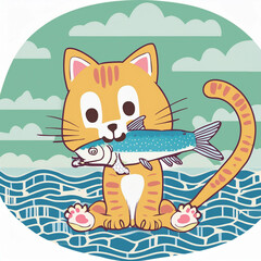 Obraz premium 물고기를 물고있는 고양이