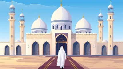 Obraz premium Man in traditional attire walking towards a large middle-eastern mosque.