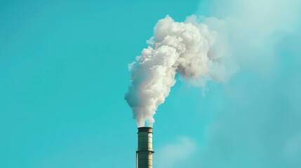Industrial smokestack emitting thick white smoke against clear sky