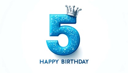 Festive 5th Birthday Design with Glittery Blue Number Five and Silver Crown