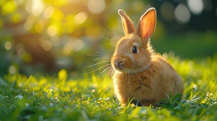 Fototapeta premium A cute fluffy little rabbit frolicking on a grassy meadow in the morning, with sunlight streaming in the background. Depicts a happy bunny running in a green garden, symbolizing the Easter festival da