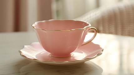 Fototapeta premium A pink cup and saucer sit on a white cloth