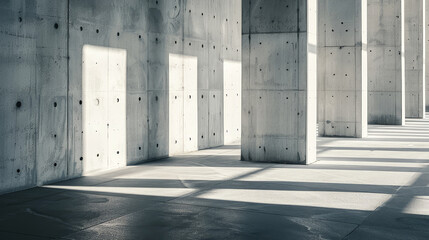 Abstract architecture with concrete walls and floors textured with cement, complemented by white columns casting dramatic shadows, creating a minimalist and geometrically striking composition.