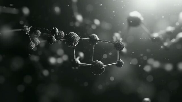 A detailed close-up of a molecule structure viewed under a microscope, captured in dim lighting. The image highlights the intricate bonds and spherical elements, presenting a scientific and