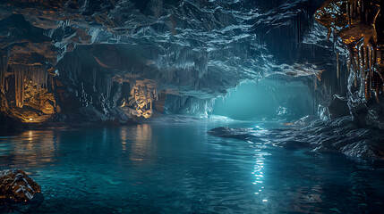 Illuminated Underground Cave with Stalactites and Water