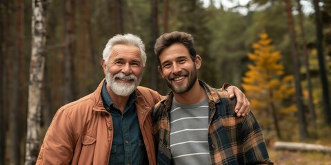 A happy senior father and his adult son hiking together in the woods, enjoying family time and embracing outdoors.