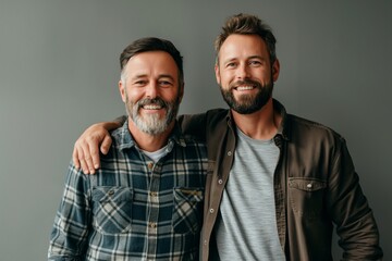A father and son stand together, smiling and embracing in a happy and cheerful portrait.