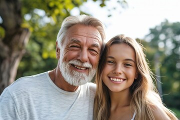 A loving senior father embraces his teenage daughter while walking in the park, sharing a tender moment.