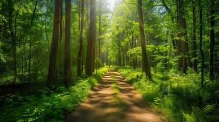 Obraz premium A tranquil forest trail shaded by tall trees with dappled sunlight filtering through lush green foliage. Perfect for illustrating nature walks and serene outdoor experiences.