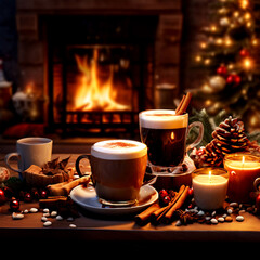 Cup of coffee with Christmas decorations.3 cups of coffee and room heater fireplace. Ai generated image.