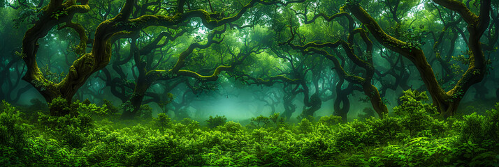 Mysterious Foggy Forest with Green Trees and Enchanted Atmosphere