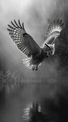 Fototapeta premium Majestic Owl Soars Through Moonlit Mist