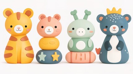 Fototapeta premium Collection of three vibrant classic toys for toddlers or babies, isolated on a transparent background.