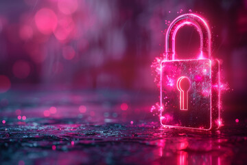 Glowing security padlock on purple backdrop. Digital interface and protection concept. 3D Rendering. 