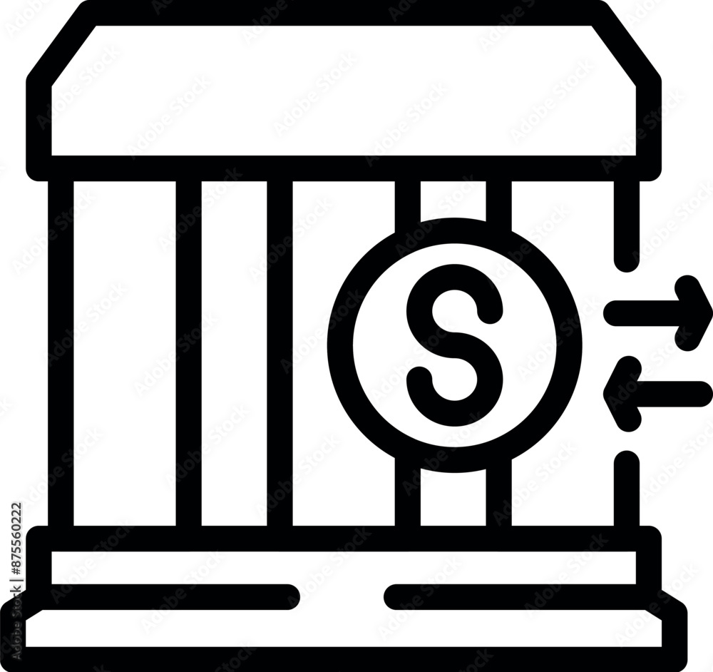 Poster line icon of a bank building with a dollar coin and two arrows representing exchanging money