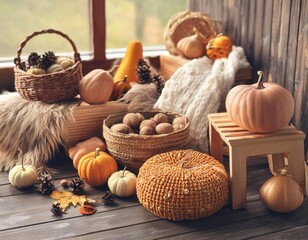 Countryside Pumpkin Harvest with Rustic Background. 
