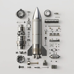 Close up of a rocket deconstructed into tiny parts