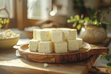 Slices of feta cheese on a cutting board. Selective focus.