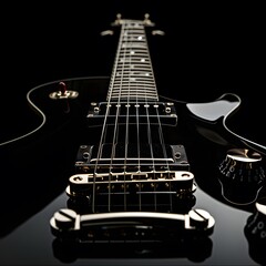  Close-up of a sleek, stylish guitar on a dark background.