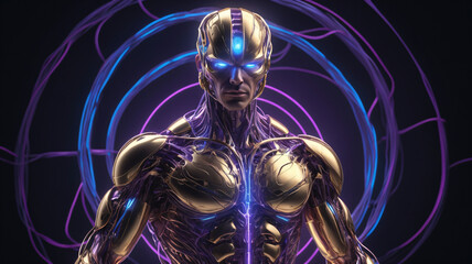 Golden purple Male AI robot with glowing neon rings light in the background. AI generativ.