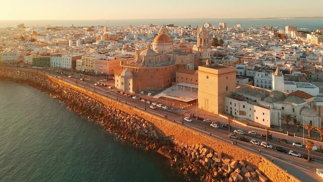 Aerial view of the Cathedral de Santa Cruz at sunset in Cadiz, Andalusia, Spain.