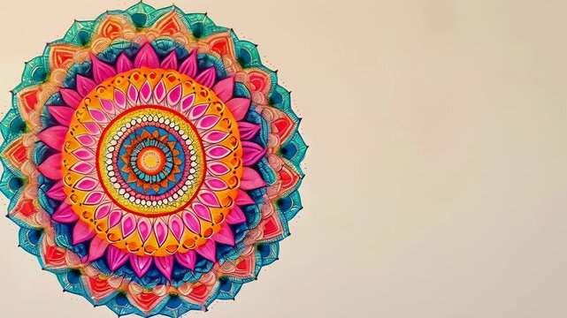 An intricate, hand-drawn multicolored mandala featuring vibrant hues of blue, pink, red, and green. The circular, symmetrical pattern pops against a plain, light background, showcasing artistic skill