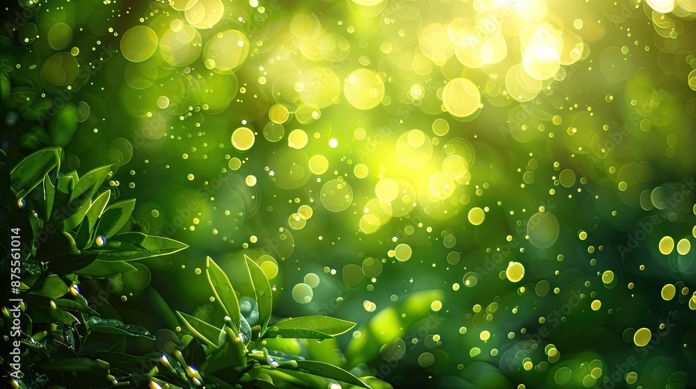 Poster a green background with a lot of leaves and a lot of light shining on it. the light is creating a lo