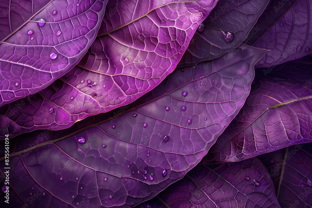 Poster a close up of purple leaves with droplets of water on them. the leaves are arranged in a way that cr
