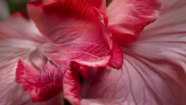 A close-up view of delicate red and pink flower petals, showcasing their intricate veiny texture. The petals overlap creating a soft, flowing appearance, suggesting the gentle movement of nature.