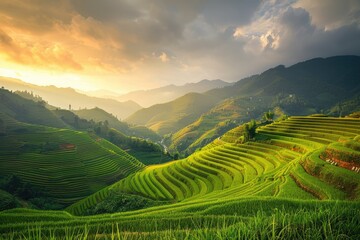 Fototapeta premium A beautiful landscape with mountains and green rice fields. The sky is cloudy and the sun is setting