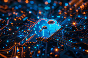 Fototapeta premium Key icon on digital circuit board background. Digital security and data protection concept. 