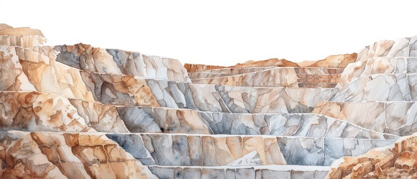 A charming watercolor illustration of openpit mining, showcasing the terraced walls and large excavation area, isolate on white background with copy space