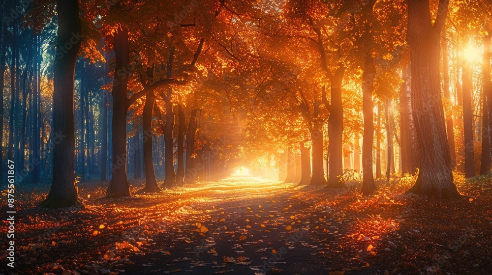 Poster a path through a forest with trees in the background. the leaves are orange and the sun is shining t