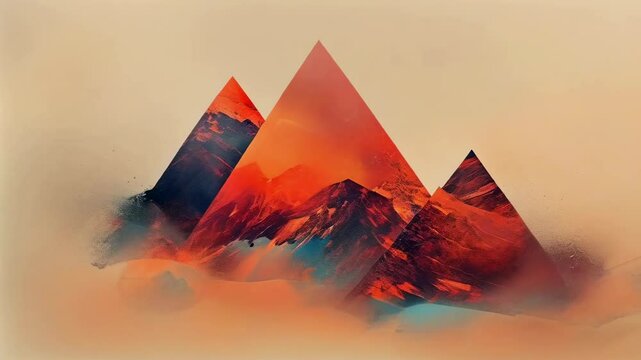 A captivating abstract mountain scene features vivid red and orange tones. Three geometric triangles overlay a misty landscape, creating a modern, artistic effect. The image evokes a serene yet