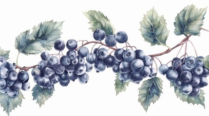 Obraz premium A delicate watercolor depiction of elderberry bushes, highlighting their delicate white flowers and deep purple berries, isolate on white background with copy space