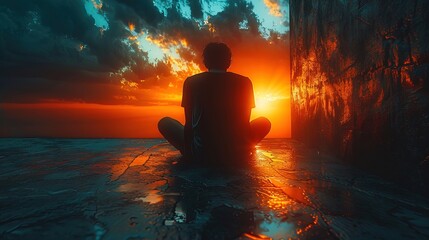 Depressed and isolated silhouette of a man sitting alone next to a rough concrete wall, portraying the impact of drug or alcohol addiction. Touches on themes of anxiety, mental health struggles, and e
