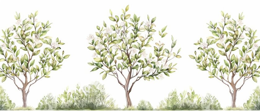 A delicate watercolor depiction of hornbeam trees, showcasing their finely toothed leaves and elegant, layered branches, isolate on white background with copy space