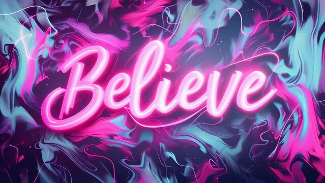 A bright neon "Believe" sign stands out against a backdrop of colorful swirls in pink, blue, and green. The vibrant abstract background enhances the hopeful and inspiring message conveyed by the neon