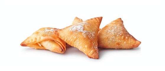 Fototapeta premium A detailed watercolor painting of samosas, capturing the goldenbrown pastry filled with spiced potatoes and peas, isolate on white background with copy space