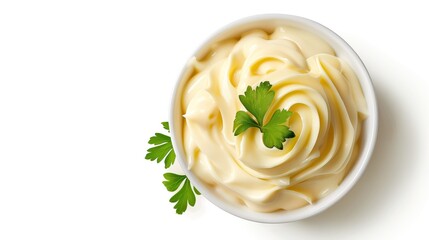 bowl of mayonnaise isolated on white background  top view