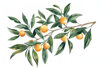 Obraz premium A soft watercolor rendering of a kumquat tree, illustrating its small, ovalshaped fruits and dark green leaves, isolate on white background with copy space