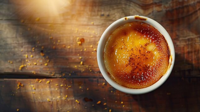 Top view of tasty creme brulee dessert with caramel crust served in ramekin on table with sunlight