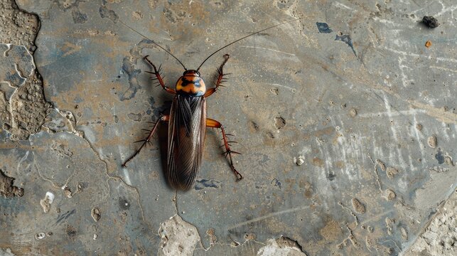 A brown and orange cockroach is laying on a grey surface. The cockroach is large and has a long antennae