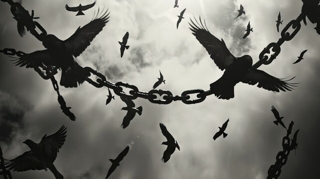 Silhouette of flying birds and broken chains